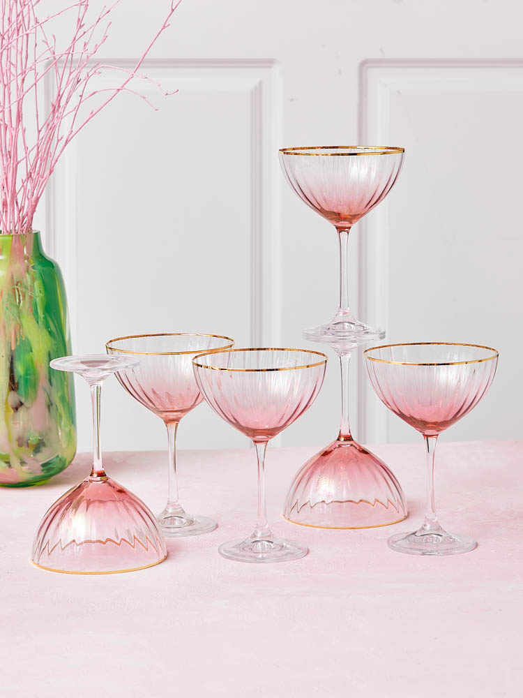 Kate Serie Champagnergläser oder Champagnerschalen Glas in rosa mit goldenem Rand