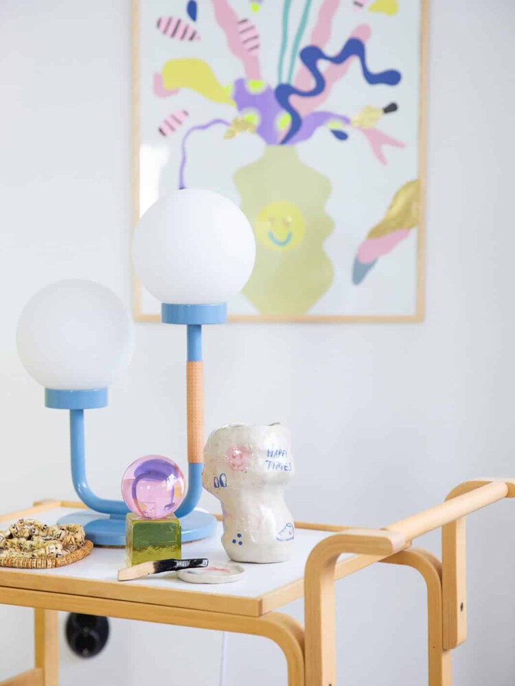 Remix von Sofie, schwedische Ninja, Tischlampe, kleiner Liebling, schwedisches Design, Maria gustavsson, Doppellamm, blaue Lampe,