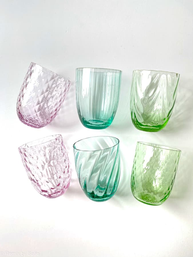 Anna von lipa, Remix von Sofie, Anna von lipa glass, handgeblasenes Glas, handgeblasenes Glas, Trinkglas, Wasserglas, farbiges Glas, Mix- und Mattckglas, Mix & Mattckglas, Becher, Watglas, Wirbelglas, Harlekinglas, Spiralglas, Bambusglas, Olivenglas, Tischbezug, anna von lipa glass, anna von lipa retailer