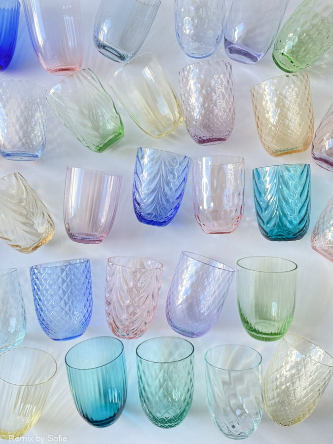 Anna von lipa, Remix von Sofie, Anna von lipa glass, handgeblasenes Glas, handgeblasenes Glas, Trinkglas, Wasserglas, farbiges Glas, Mix- und Mattckglas, Mix & Mattckglas, Becher, Watglas, Wirbelglas, Harlekinglas, Spiralglas, Bambusglas, Olivenglas, Tischbezug, anna von lipa glass, anna von lipa retailer