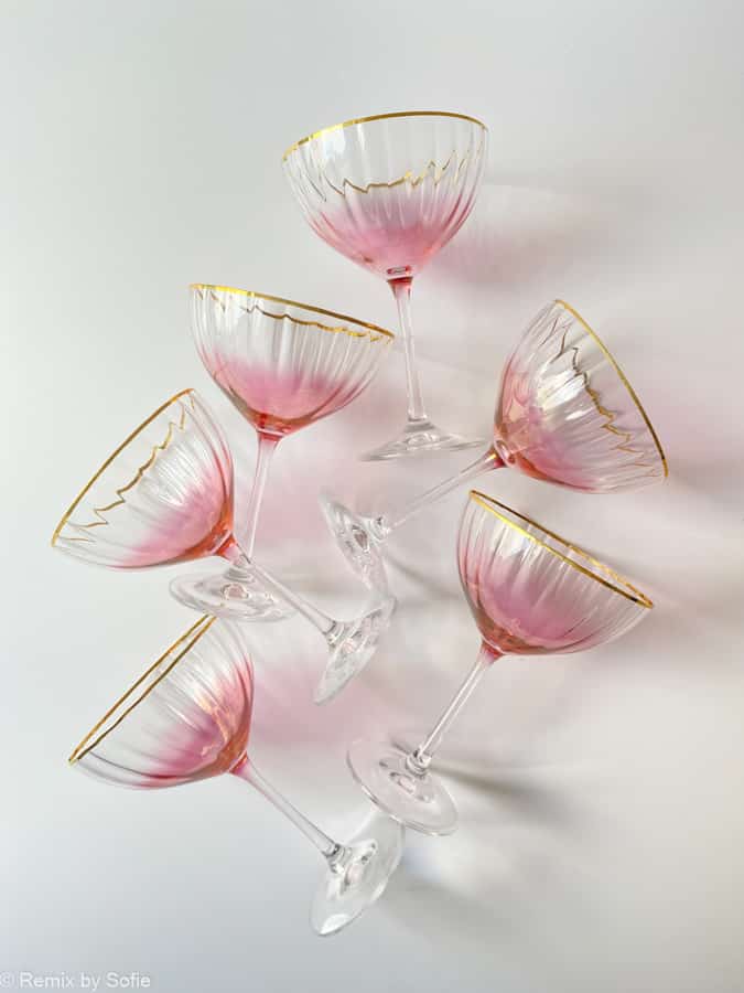 Champagnerschale in rosa mit Gold, Champagnerglas, Glas mit 24 Karat Gold, Champagnerschale, Champagnergläser, Remix von Sofia, Partygläser,