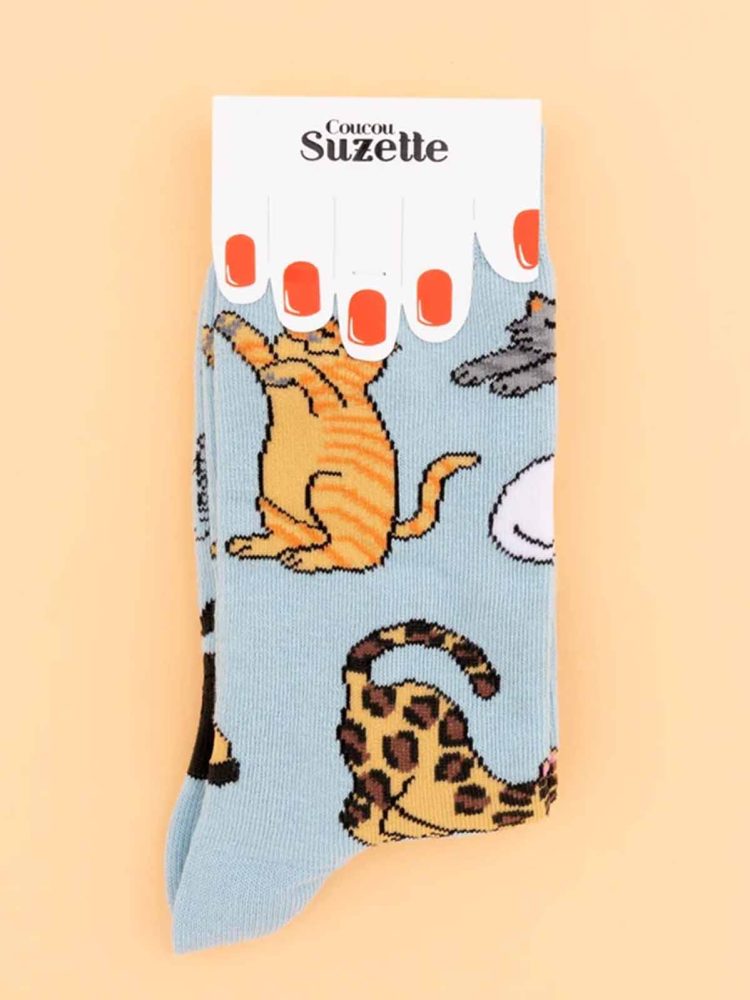 Baumwollsocken in hellblau mit Katzen - Coucou Suzette
