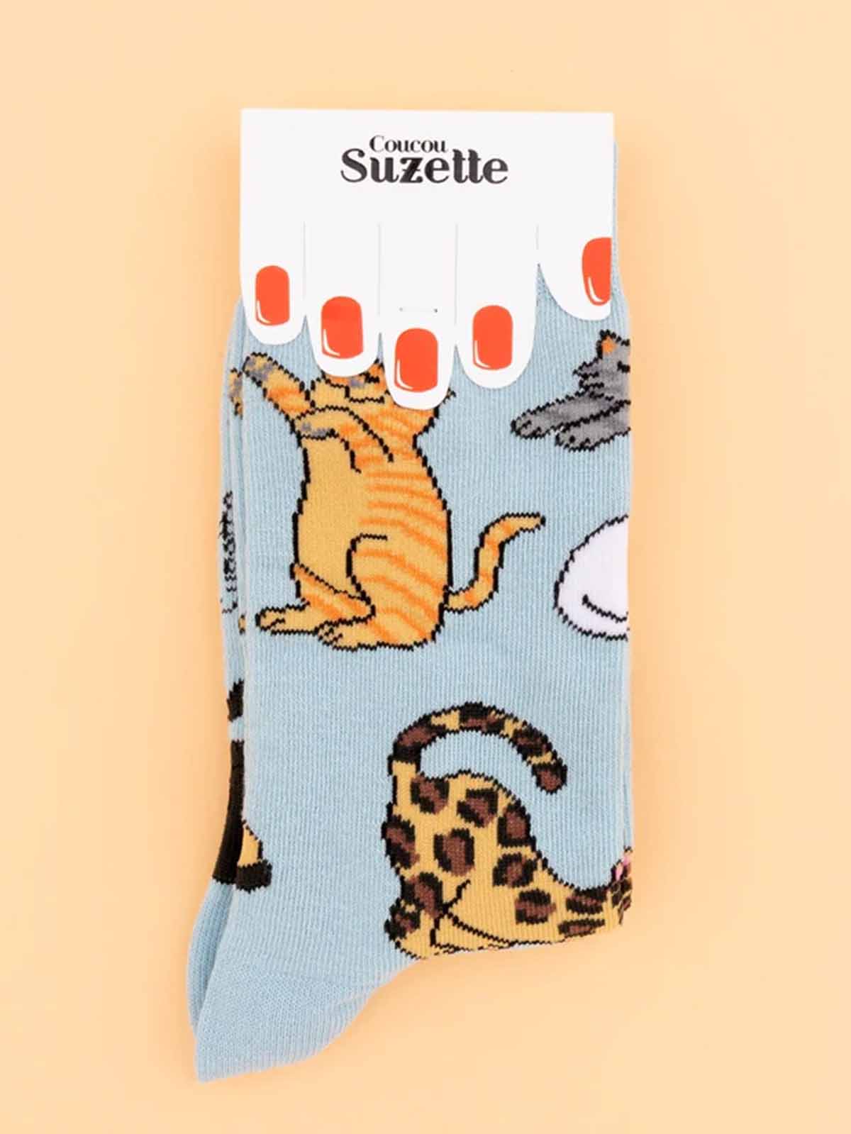 Baumwollsocken in hellblau mit Katzen - Coucou Suzette