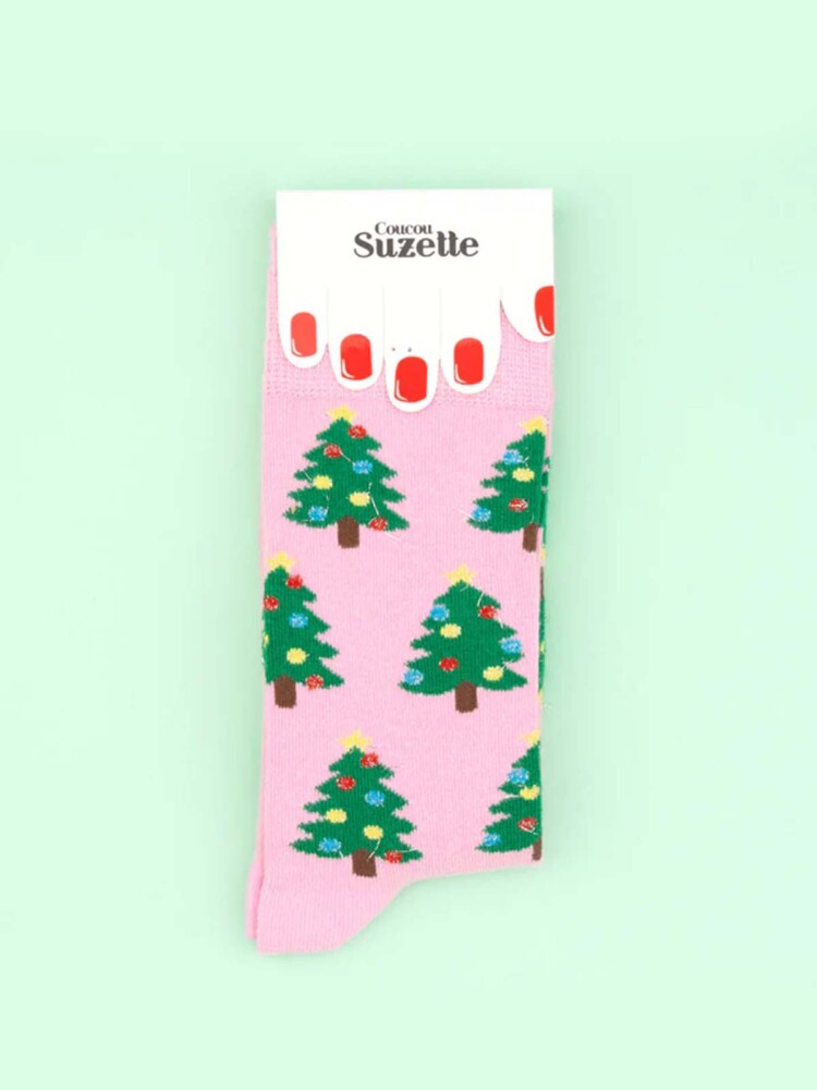 Baumwollsocken in rosa mit Weihnachtsbäumen - Coucou Suzette