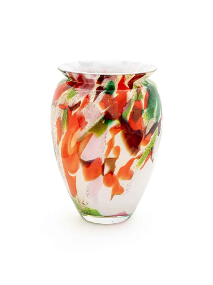 Blumenvase aus mundgeblasenem Glas 22 cm, weiß mit rosa, rot und grün - Remix von Sofie.