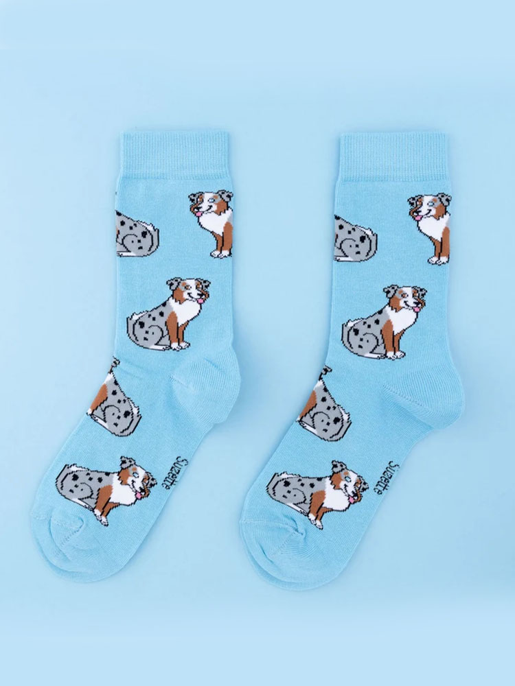 Socken mit Hunden hellblau mit Australischen Schäferhund