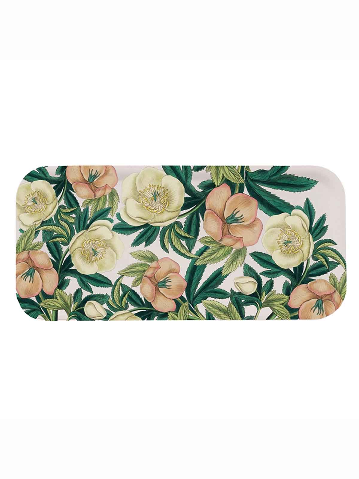 längliches Tablett aus Birkenholz mit Weihnachtsrosen