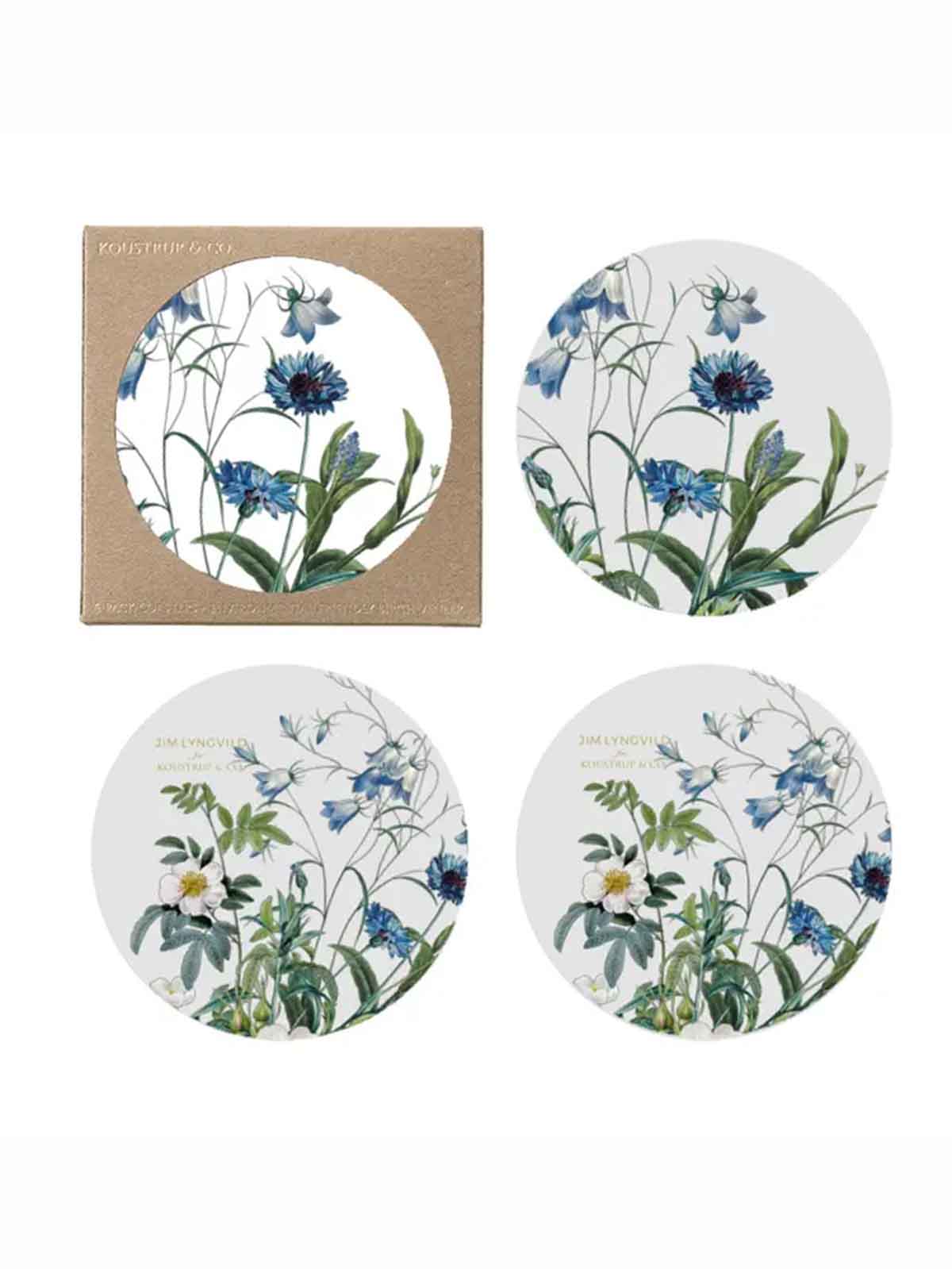 borskåner oder Untersetzer für Glas und warme Gegenstände aus koustrup & co. aus Birkenholz mit blauen Blüten.