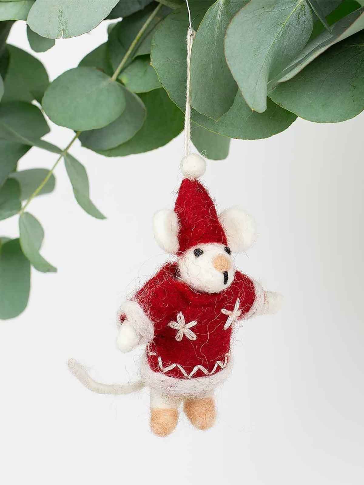 Afroart Fairtrade Weihnachtsdekorationen weiße Maus in roten Pullover