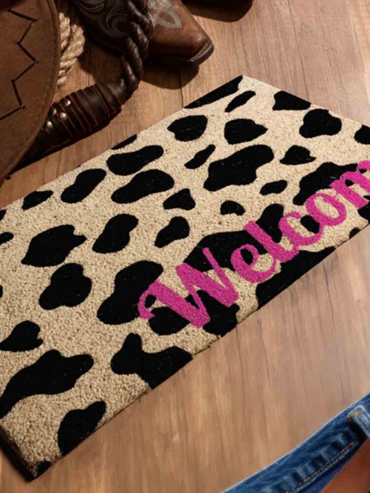 Fußmatte Kokosnuss mit Leopardenflecken und rosa Begrüßung