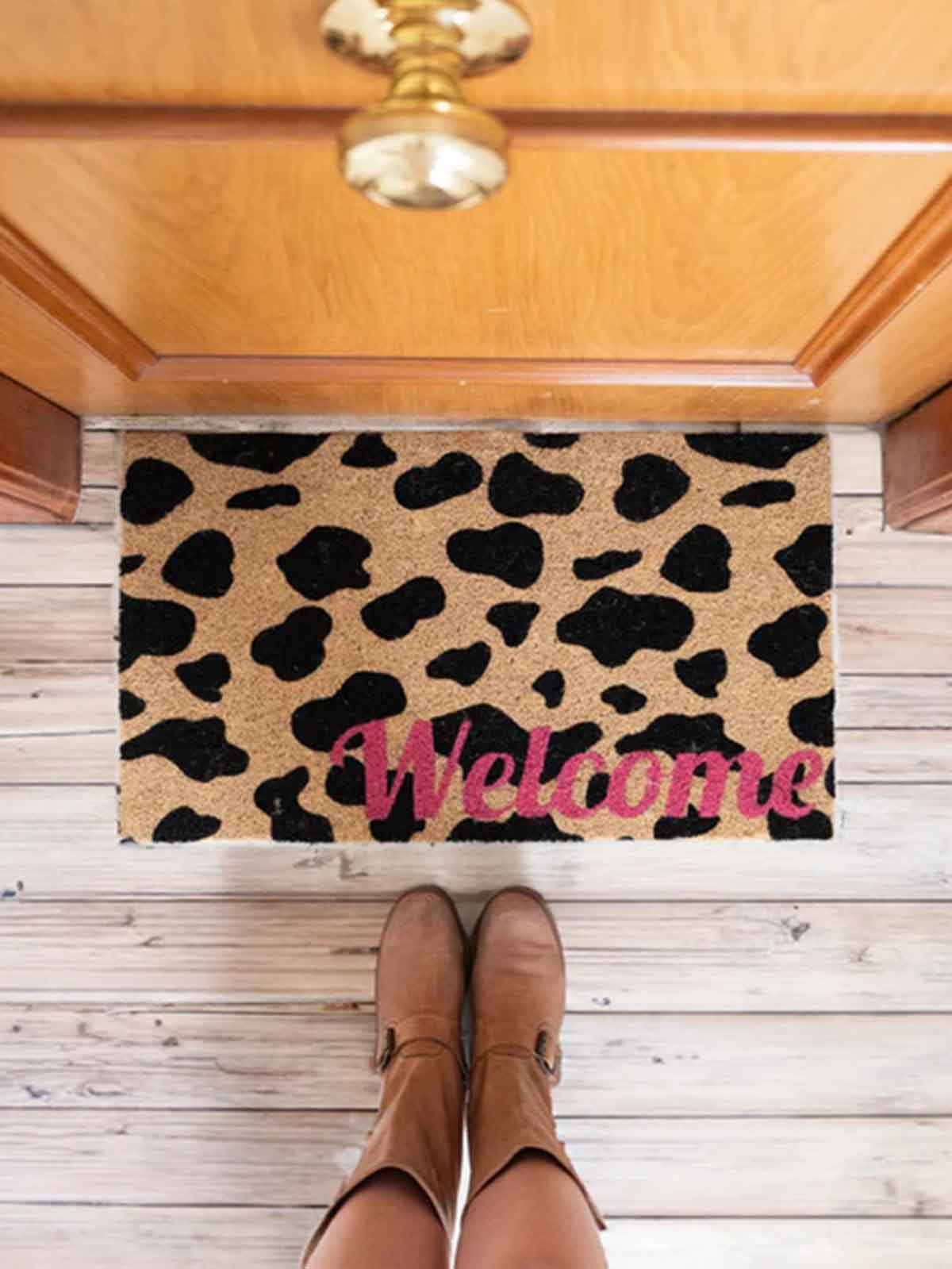 Fußmatte Kokosnuss mit Leopardenflecken und rosa Begrüßung