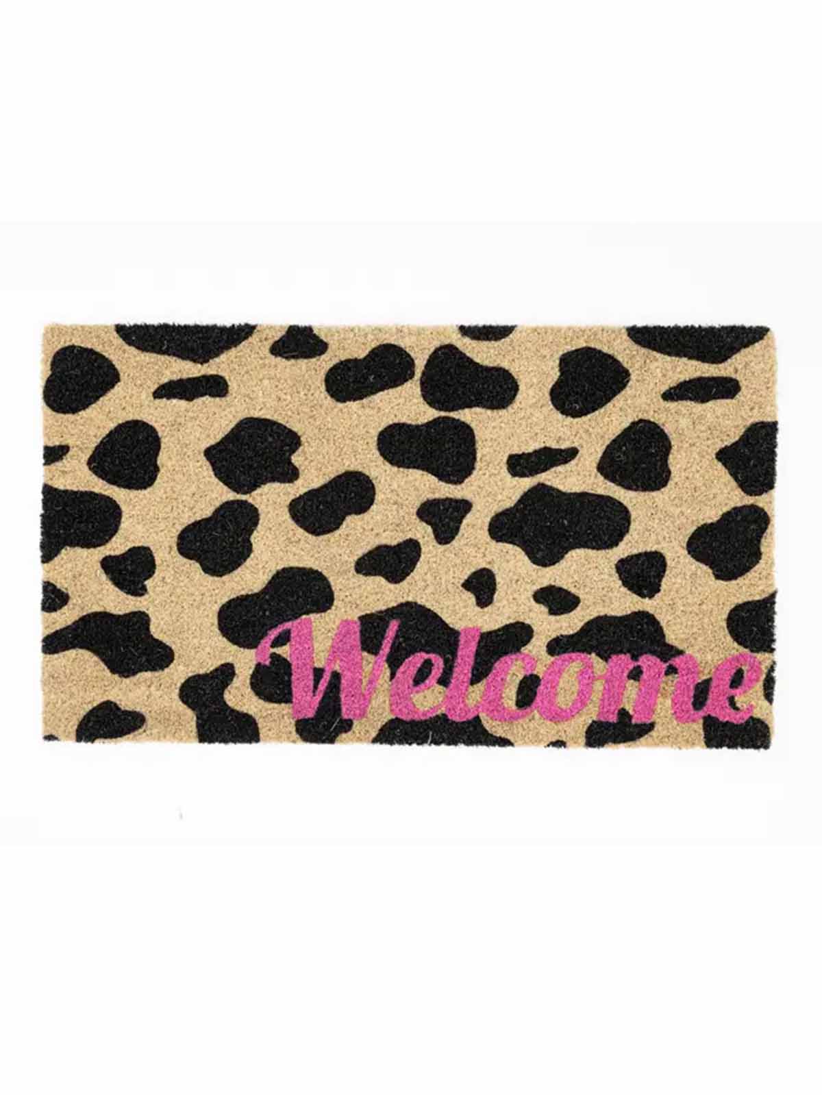 Fußmatte Kokosnuss mit lepard Tellern und rosa Begrüßung