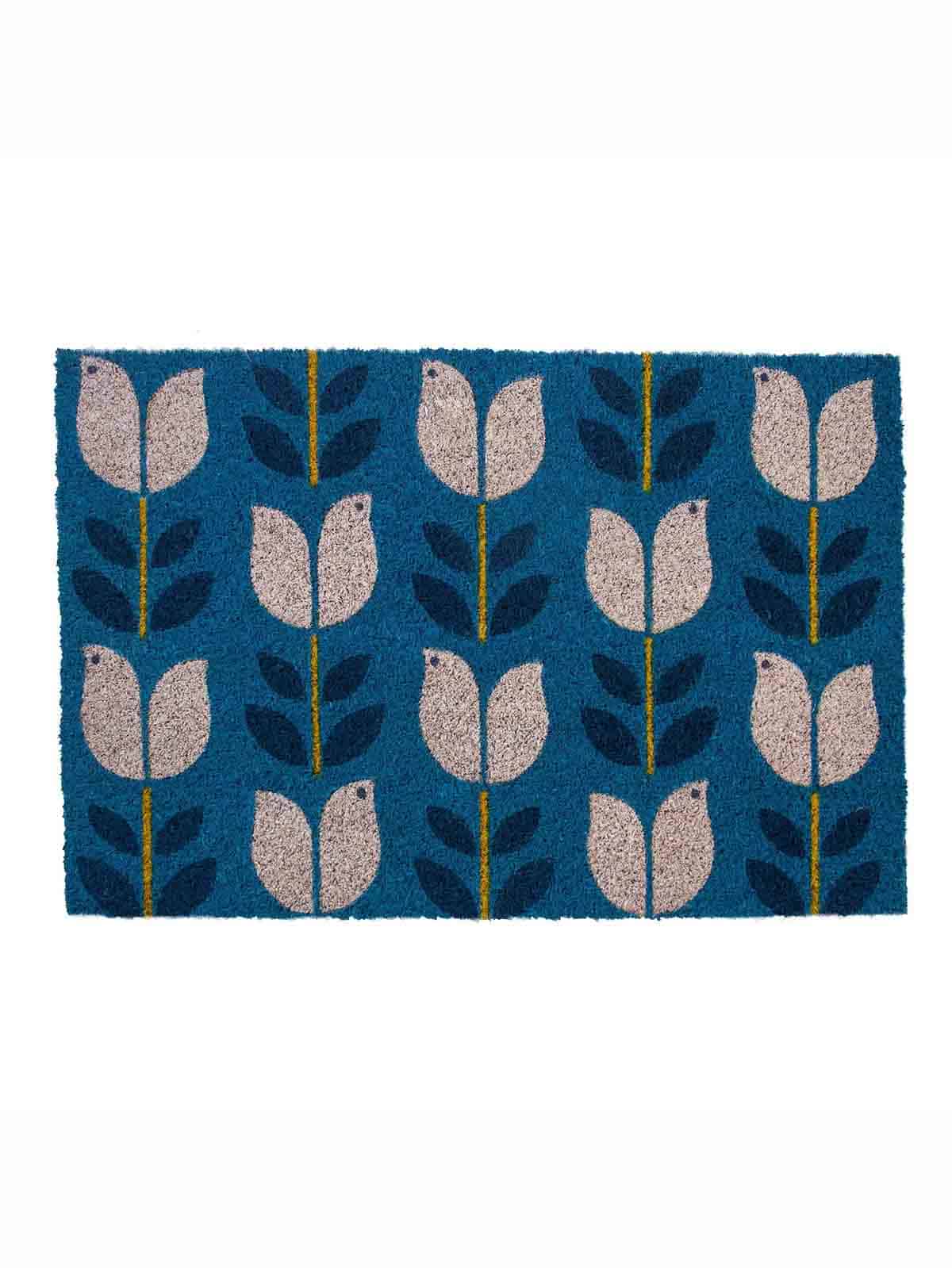 Fußmatte - blau mit weißen Blumen und Vögeln