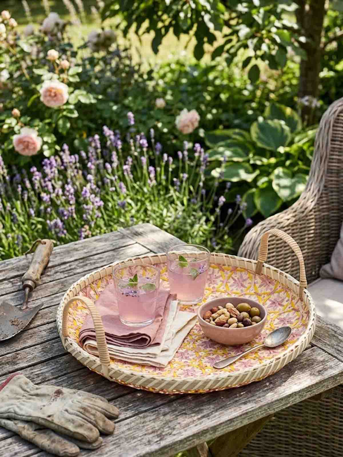 Alternative Ansicht des Tabletts mit Griff aus Bambus 36 cm - Rosa und gelb