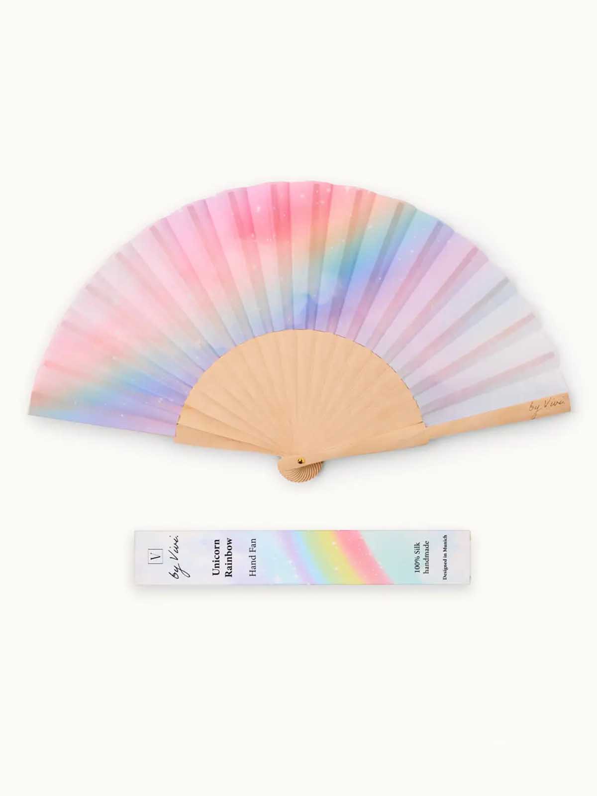 Fan aus Holz und veganer Seide – Einhorn Regenbogen