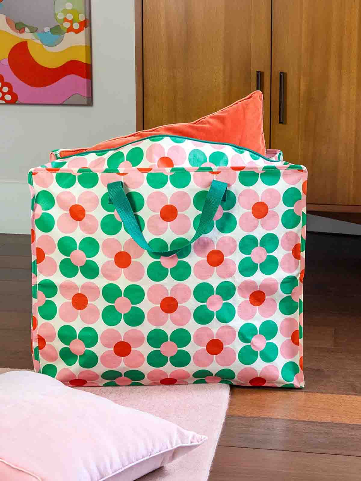 Jumbo Aufbewahrungsbeutel 78 Liter - Blumen Rosa und grün