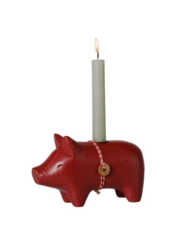 Kerzenständer aus Holz - Kleines Schwein in Rot (Kertel)
