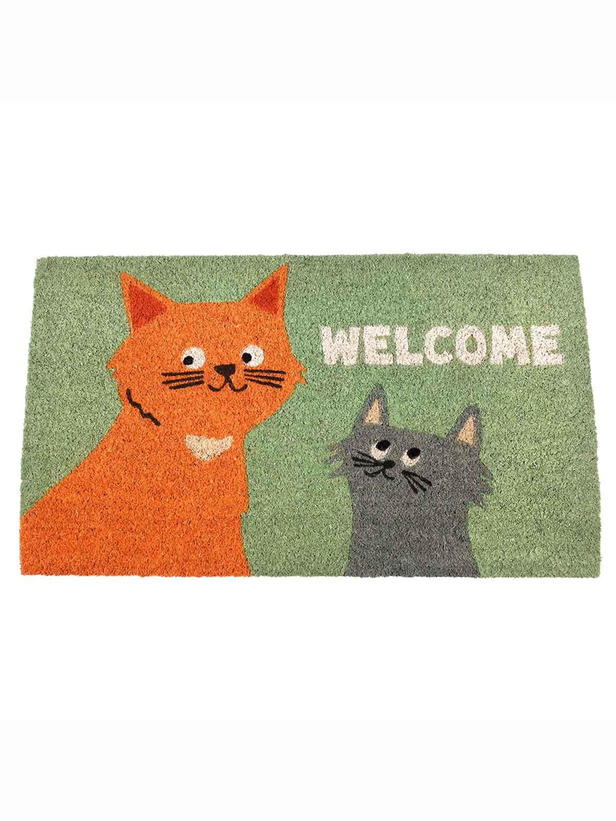 Türmatte 43 x 73 cm - Grün mit roter und grauer Katze