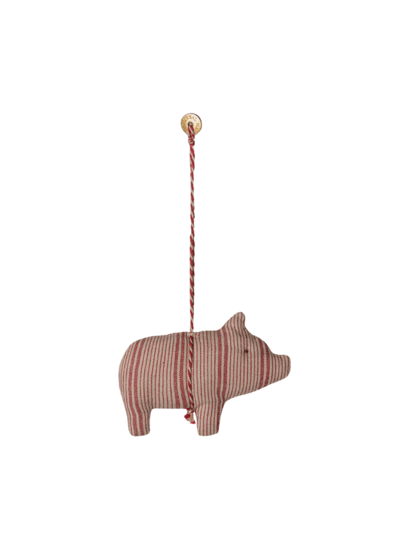 Ornament aus Stoff - Schwein Natur mit roten Streifen
